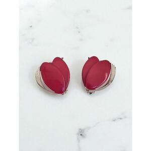Red Enamel Leaf Clip-On Earrings – Silver Tone, Retro Statement Jewelry